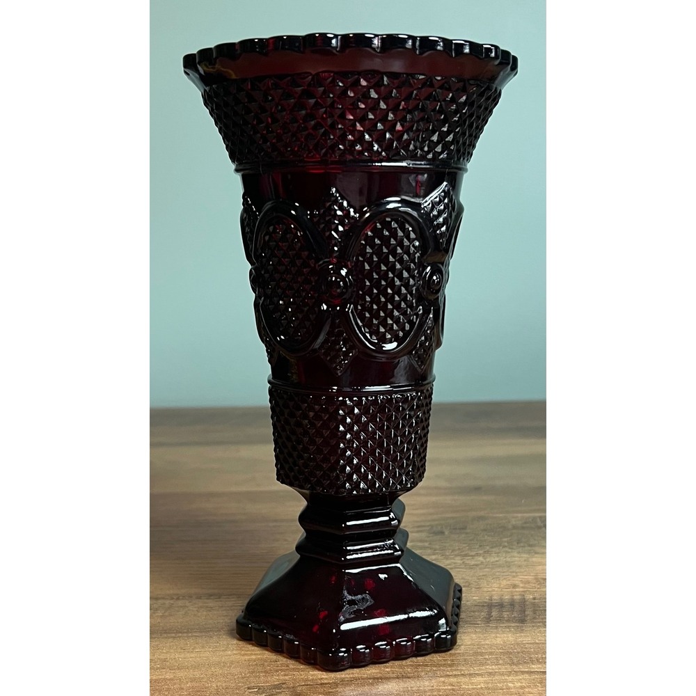 Avon 1876 Cape Cod Ruby Red Glass Flower Vase Footed Pedestal 8 Inch Vintage